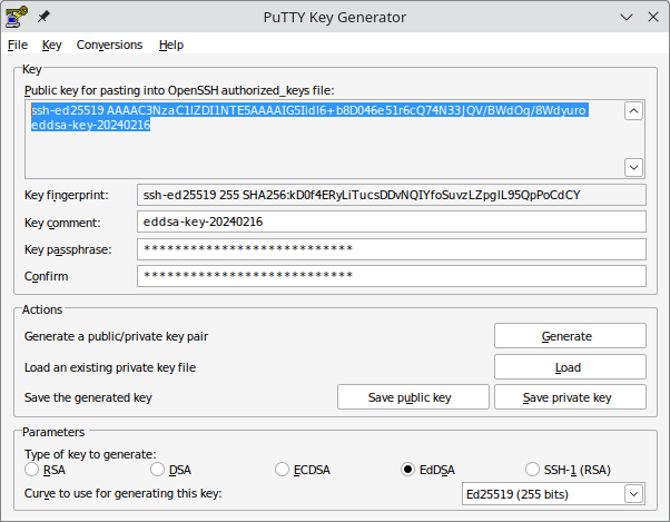 Screenshot of PuTTYgen with the public key text selected.