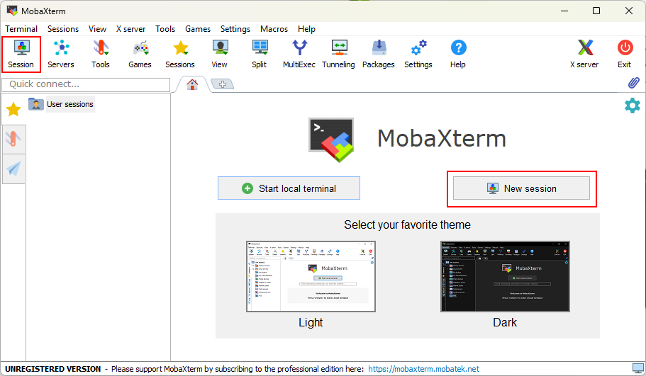 Screenshot of MobaXterm clicking New session