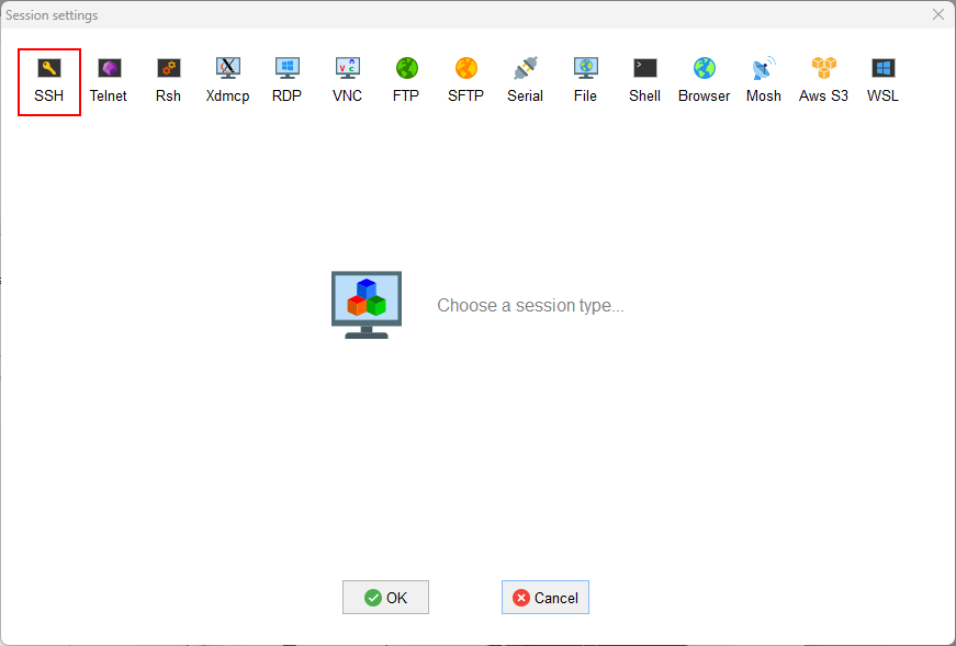 Screenshot of MobaXterm clicking on SSH