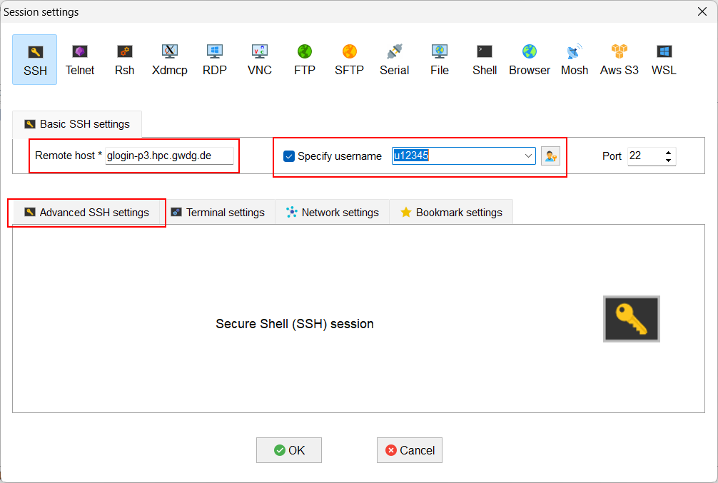 Screenshot of MobaXterm entering host and username