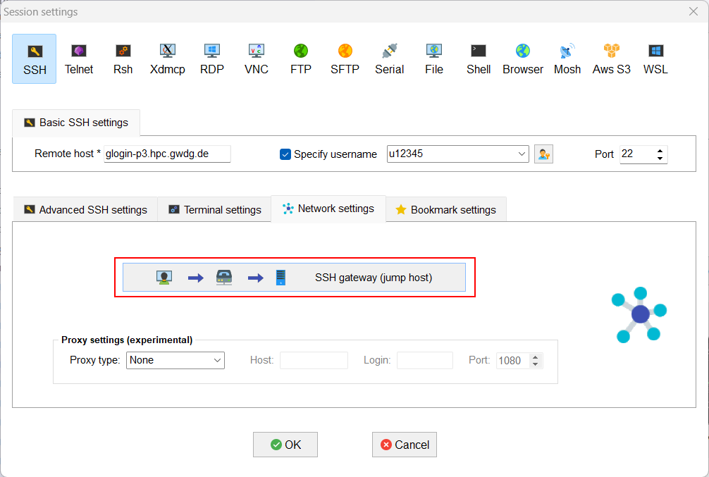 Screenshot of MobaXterm specifying Jumphost
