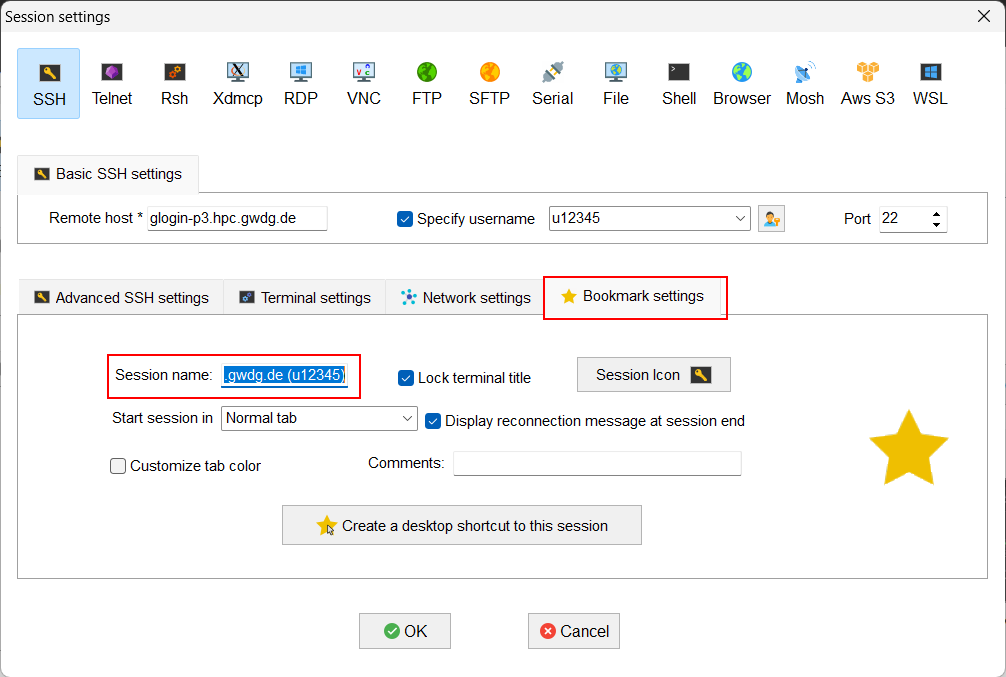 Screenshot of MobaXterm specifying bookmark name