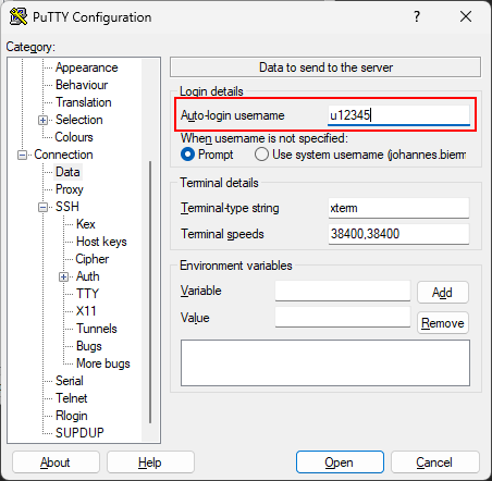 Screenshot of PuTTY entering username
