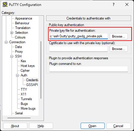 Screenshot of PuTTY selecting the SSH Private Key.