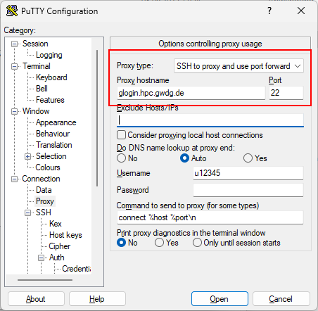 Screenshot of PuTTY setting Jumphost