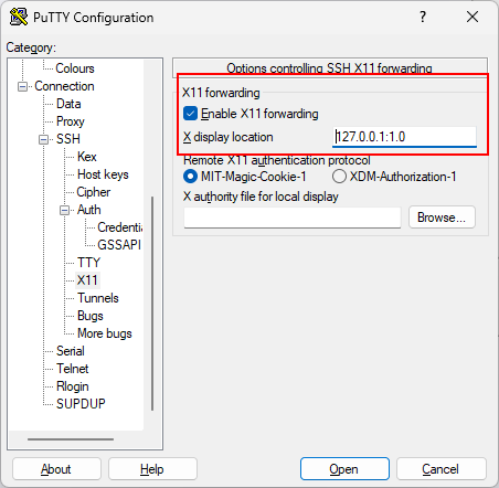 Screenshot of PuTTY to setup X11 Forwarding