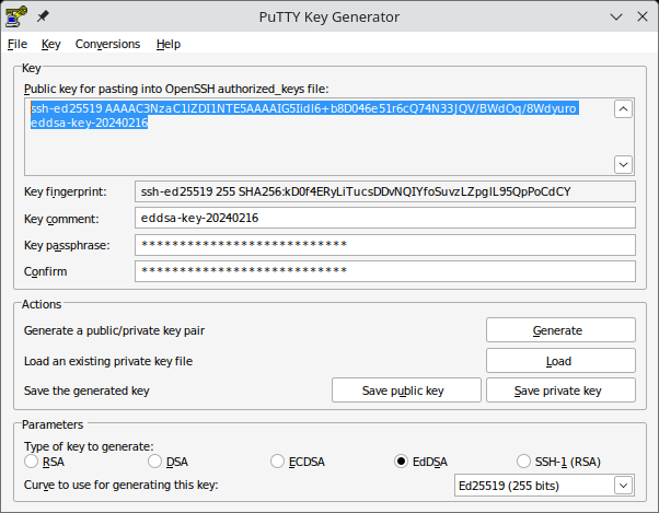 Screenshot of PuTTYgen with the public key text selected.