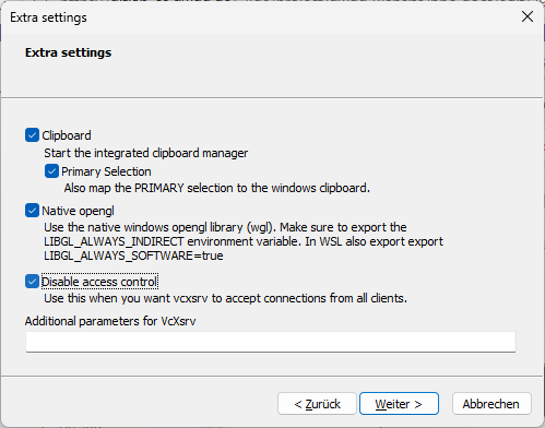 Screenshot of vcxsrv Configuration