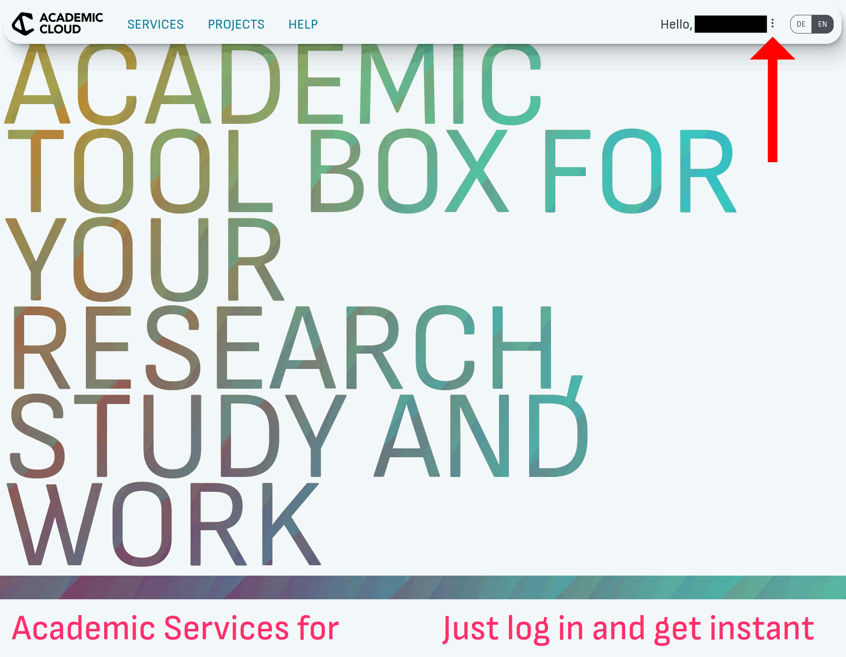 Screenshot of the Academic Cloud main page after login, with the user's information blacked out.