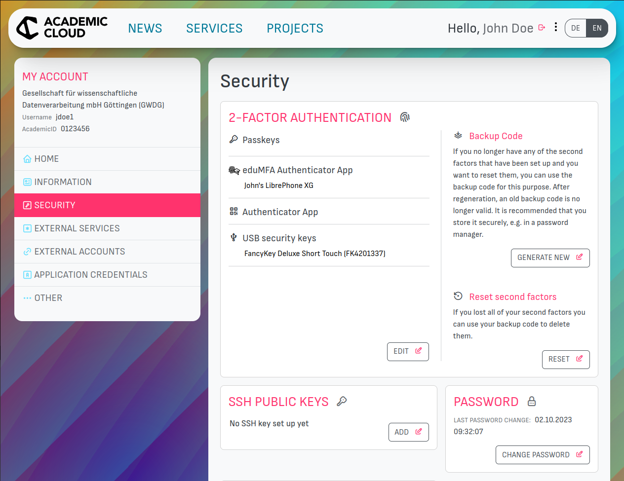 Screenshot of the Academic Cloud account security page.