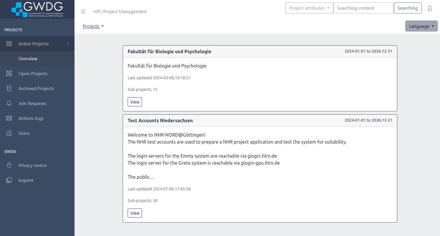 Example screenshot of the HPC Project Portal showing a list of a users' projects.