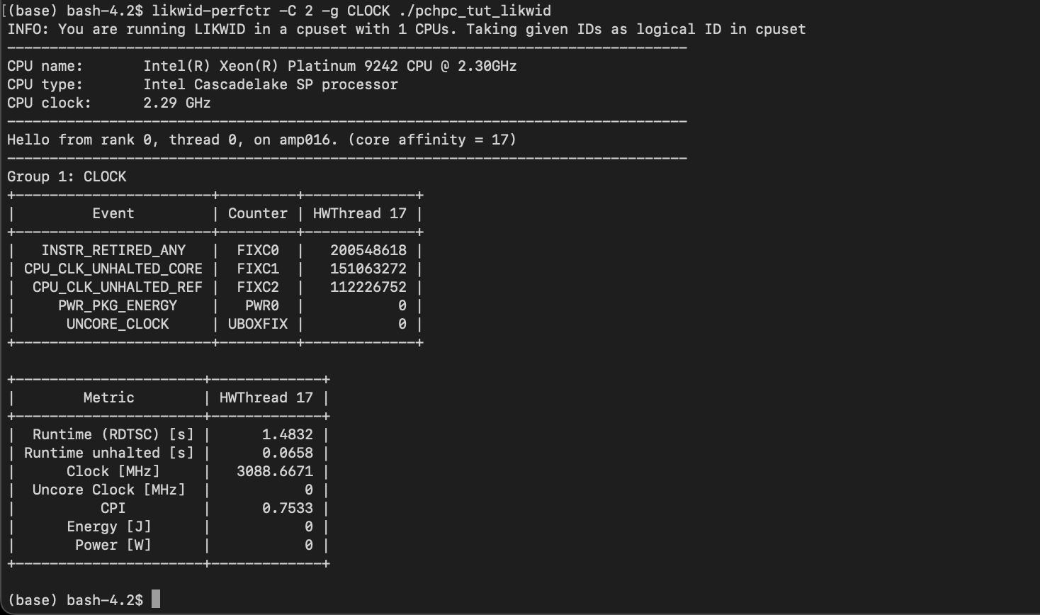 Terminal output of the command <code>likwid-perfctr -C 2 -g CLOCK ./pchpc_tut_likwid</code>.