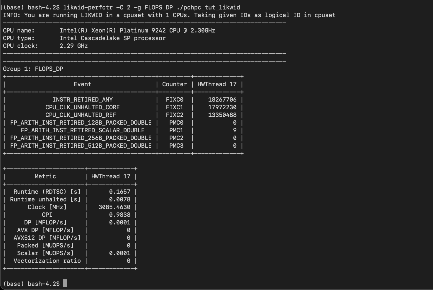 Terminal output of the command <code>likwid-perfctr -C 2 -g FLOPS_DP ./pchpc_tut_likwid</code>.