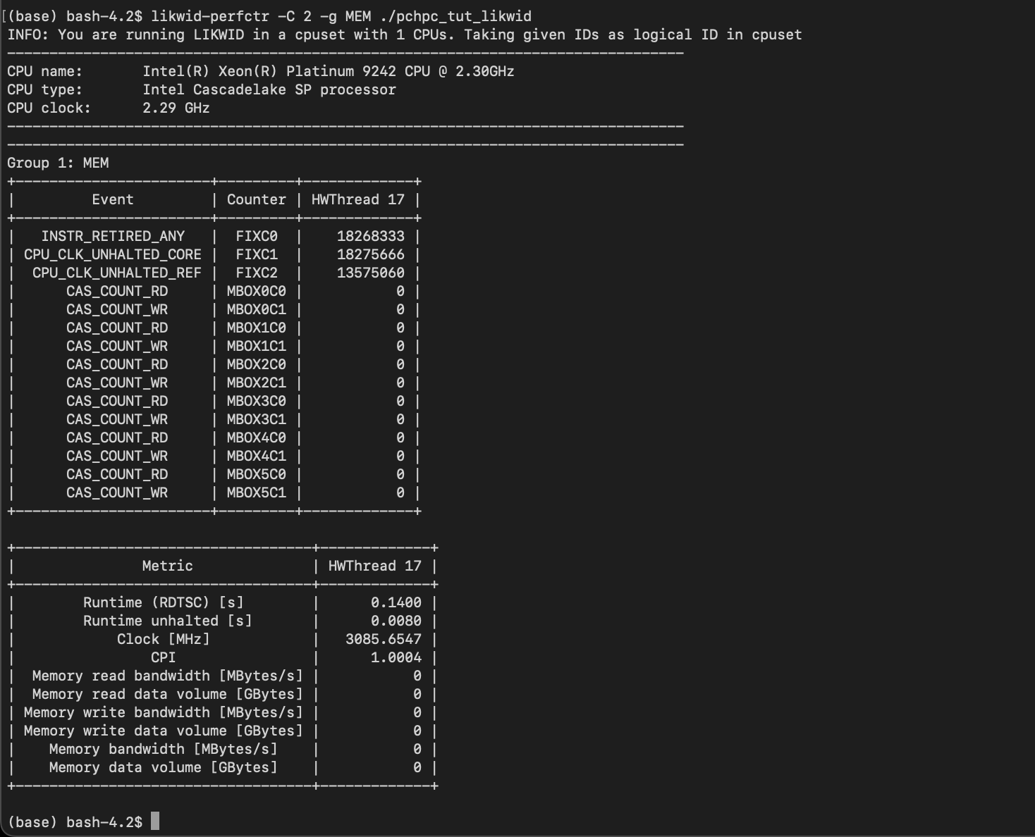 Terminal output of the command <code>likwid-perfctr -C 2 -g MEM ./pchpc_tut_likwid</code>.