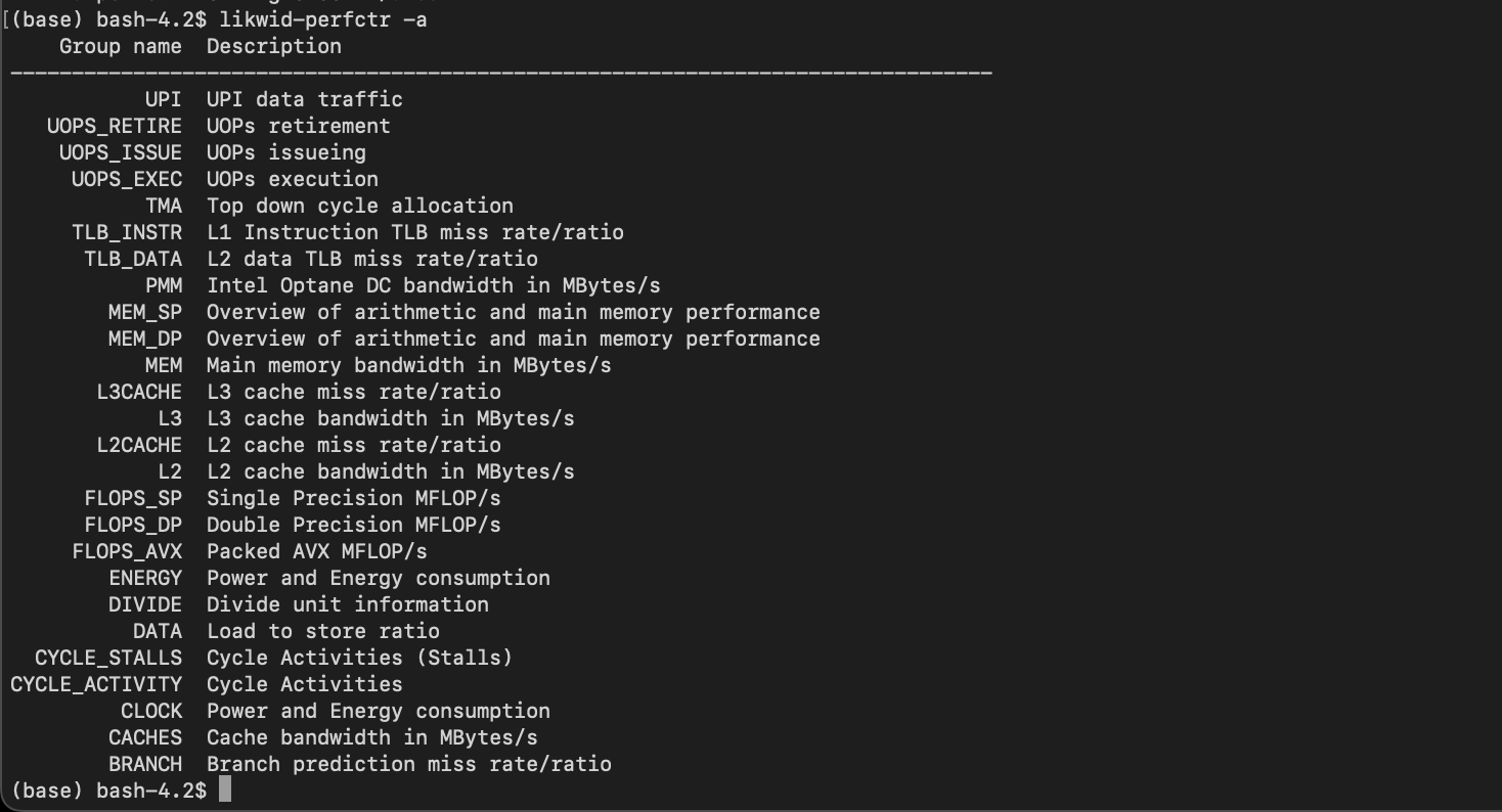 Terminal showing the output of <code>likwid-perfctr -a</code>, a table with the columns Group name and Description. One entry is L2: &ldquo;L2 cache bandwidth in MBytes/s&rdquo; for example.