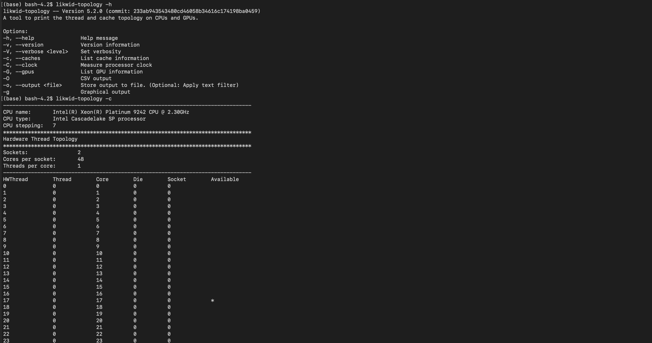 Terminal showing the help output of <code>likwid-topology -h</code>