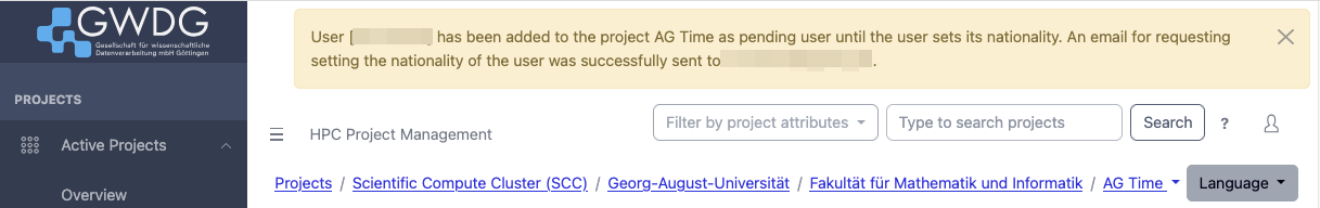 Screenshot of notification at the top of the page for attempting to add a user. The notification indicates that the user was added as pending member added, and a email to set the nationality was set to the user.