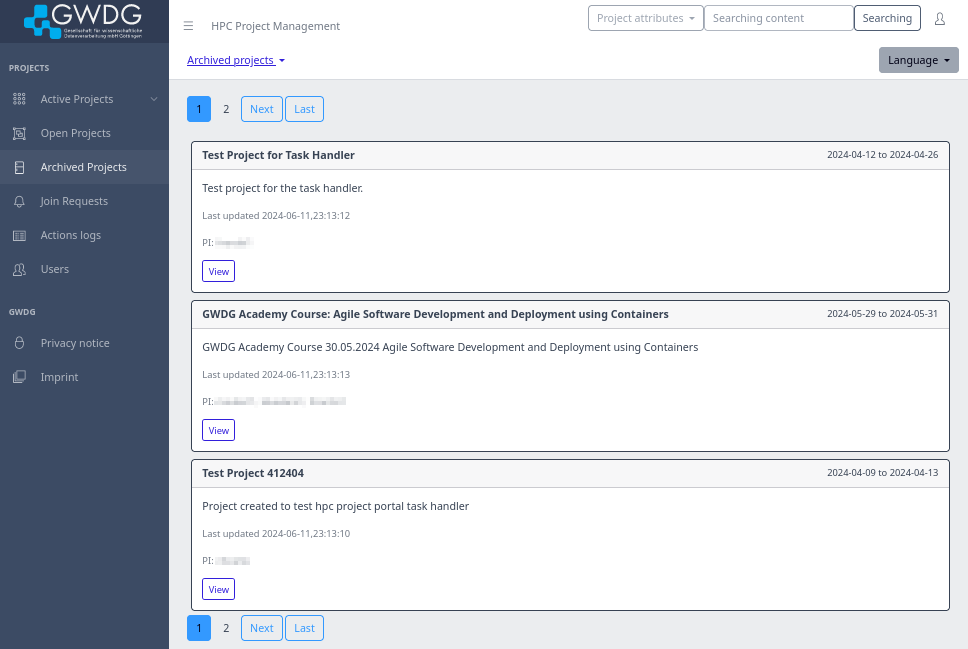 Screenshot of the page for browsing inactive projects (archived), which is under Archived Projects in the nav-bar on the left. Three projects are shown on the first page with their names, descriptions, PI/s (usernames blurred), and start and end dates. Buttons for which page, next page, and last page are both above and below the project list.