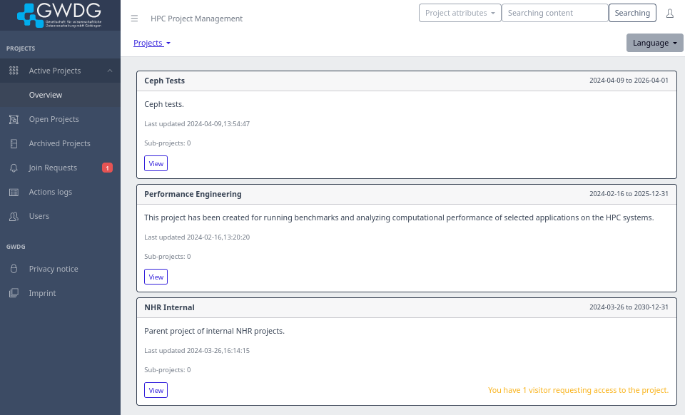 Screenshot of the page for browsing active projects, which is under Active Projects -> Overview in the nav-bar on the left. Three projects are shown with their names, descriptions, how many sub-projects they have, start and end dates, and whether there are pending join requests.