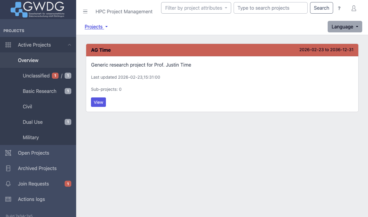 Screenshot of the list of unclassified projects shown to a PI.