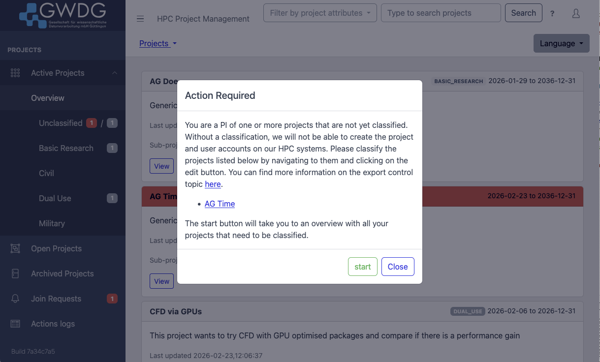 Screenshot of the dialog asking the PI of a project for classification.