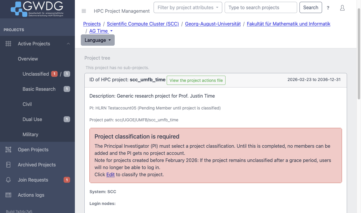 Screenshot of the project details for a project missing classification.