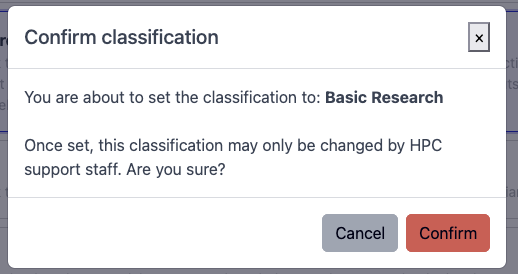 Screenshot of the confirmation dialog after setting a classification for a project.