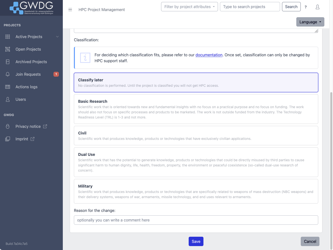Screenshot of the project classification choices in the Project Portal.