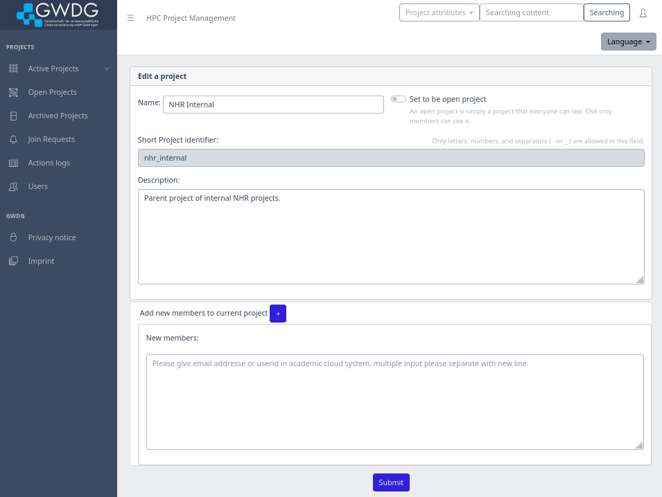 Screenshot of the edit project form. The form includes a text box to change the project's name, a toggle switch to control whether it is open or closed, short project identifier box (grayed out since even PIs can't change it), a text box to change the description, a text box to add more users to the project, and a Submit button at the bottom to submit the changes.