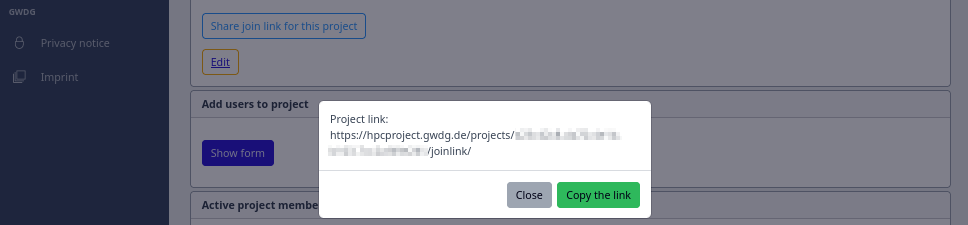 Screenshot of the form to get the join link for the project, which shows the join link, a Close button to close the form, and a Copy the link button to copy the link into your clipboard.