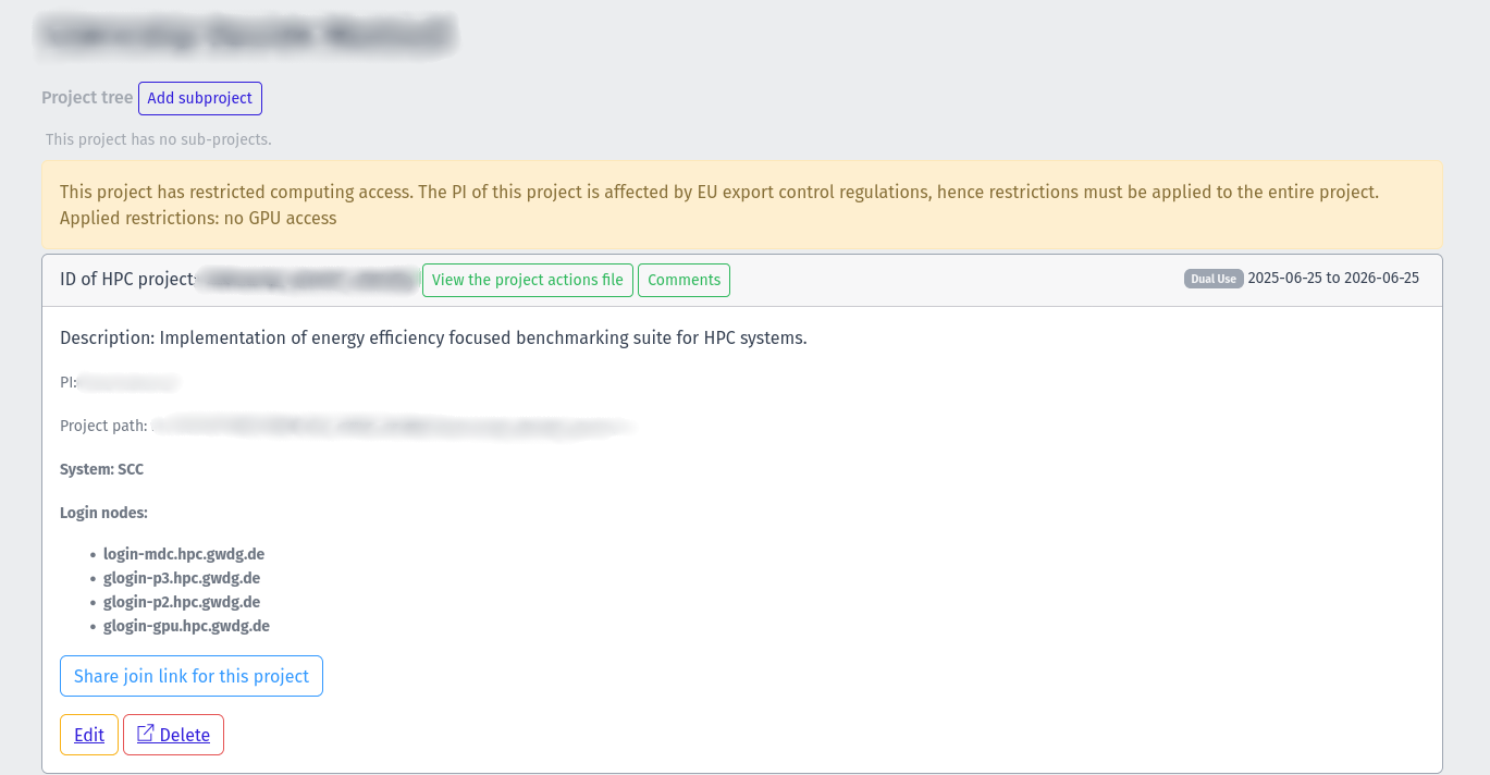 Screenshot of a warning label on top of the project view in case the project is restricted due to a PI being affected by EU export control regulations.