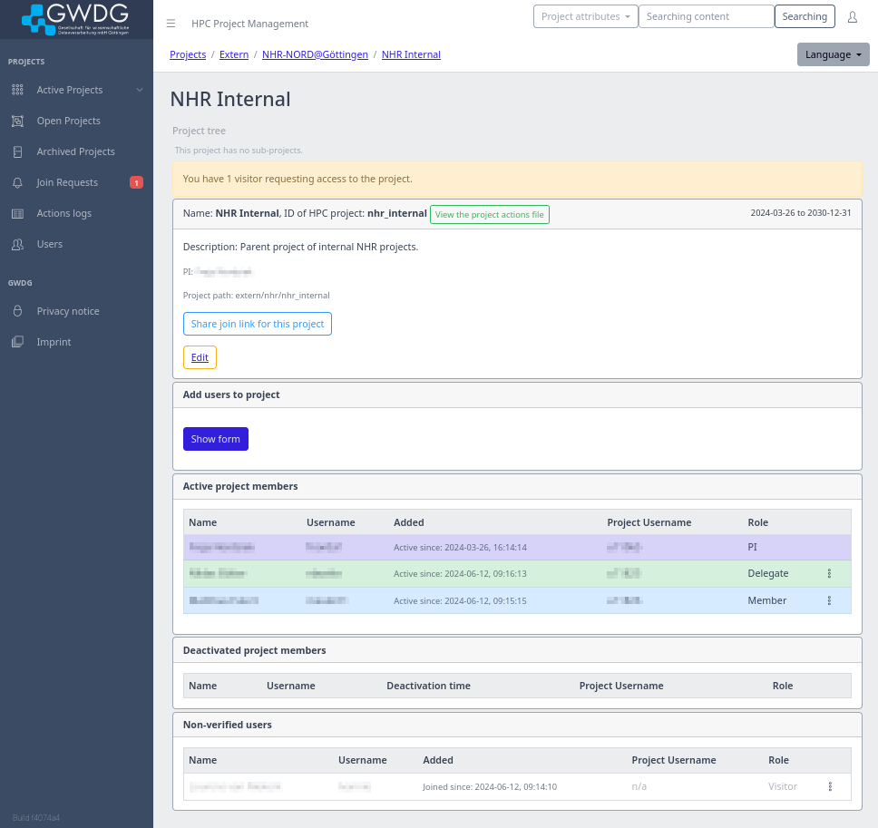 Screenshot of a project page for a PI showing the that there is one visitor requesting access, project name (NHR Internal), HPC Project ID (nhr_internal), the project start and end dates (2024-03-26 to 2030-12-31), the project description (Parent project of internal NHR projects), the project PIs (names blurred), the project path (extern/nhr/nhr_internal), the button to get the join link for the project, an Edit button to edit the project, a button to show the form for adding more users, the active project members list (names, usernames, when they were added, project-specific usernames, their roles, and management buttons), the deactivated project members list (name, username, deactivation time, project-specific username, role, and management buttons), and the list of joing requests that haven't been accepted or rejected yet. Names, usernames, and email addresses are blurred.