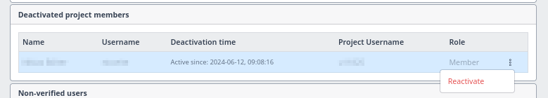 Screenshot of the user management menu for a deactivated user showing actions Reactivate.