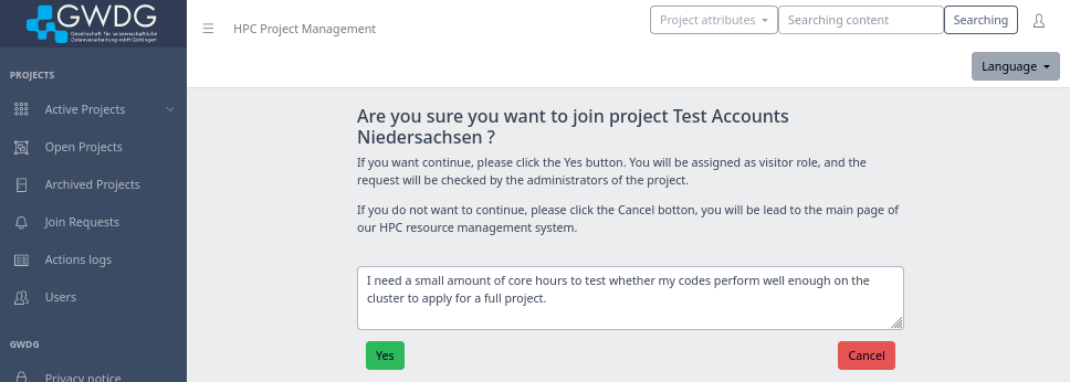 Screenshot of making a join request for the Test Accounts Niedersachsen project, which includes a text box for giving the reason, a Yes button to send the request, and a Cancel button to not send the request.