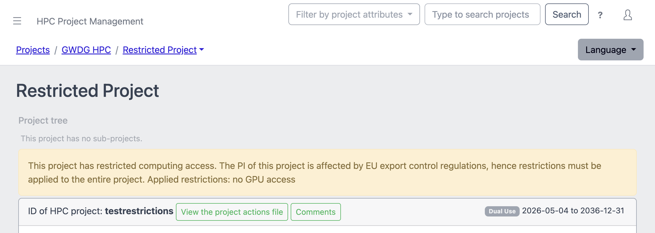 Screenshot of a restricted project with the warning message after the project title