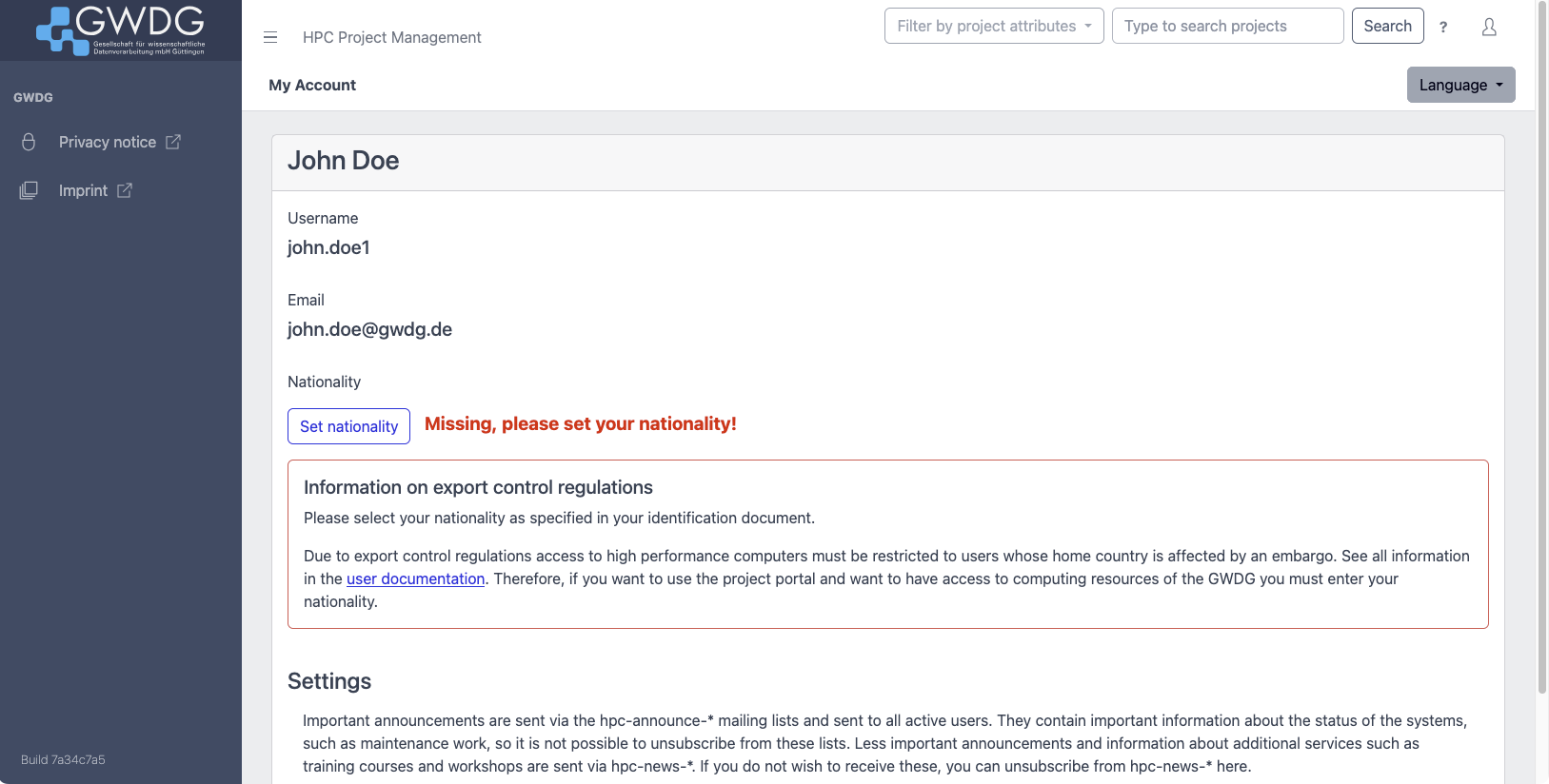 Screenshot of the page for setting the user nationality.