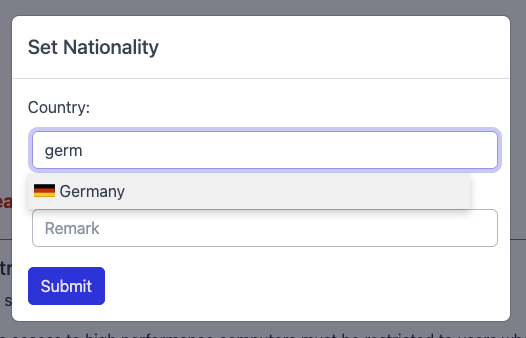 Screenshot of the page choosing the user's nationality.