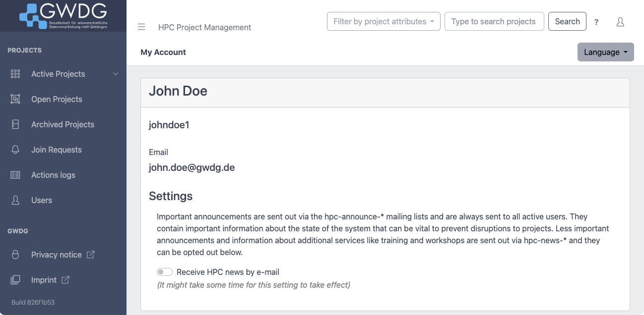 Screenshot of the user account settings page.