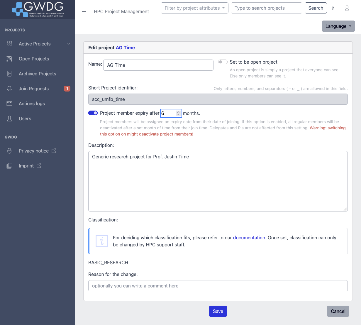 Screenshot of editing a project and switch on custom user expiration