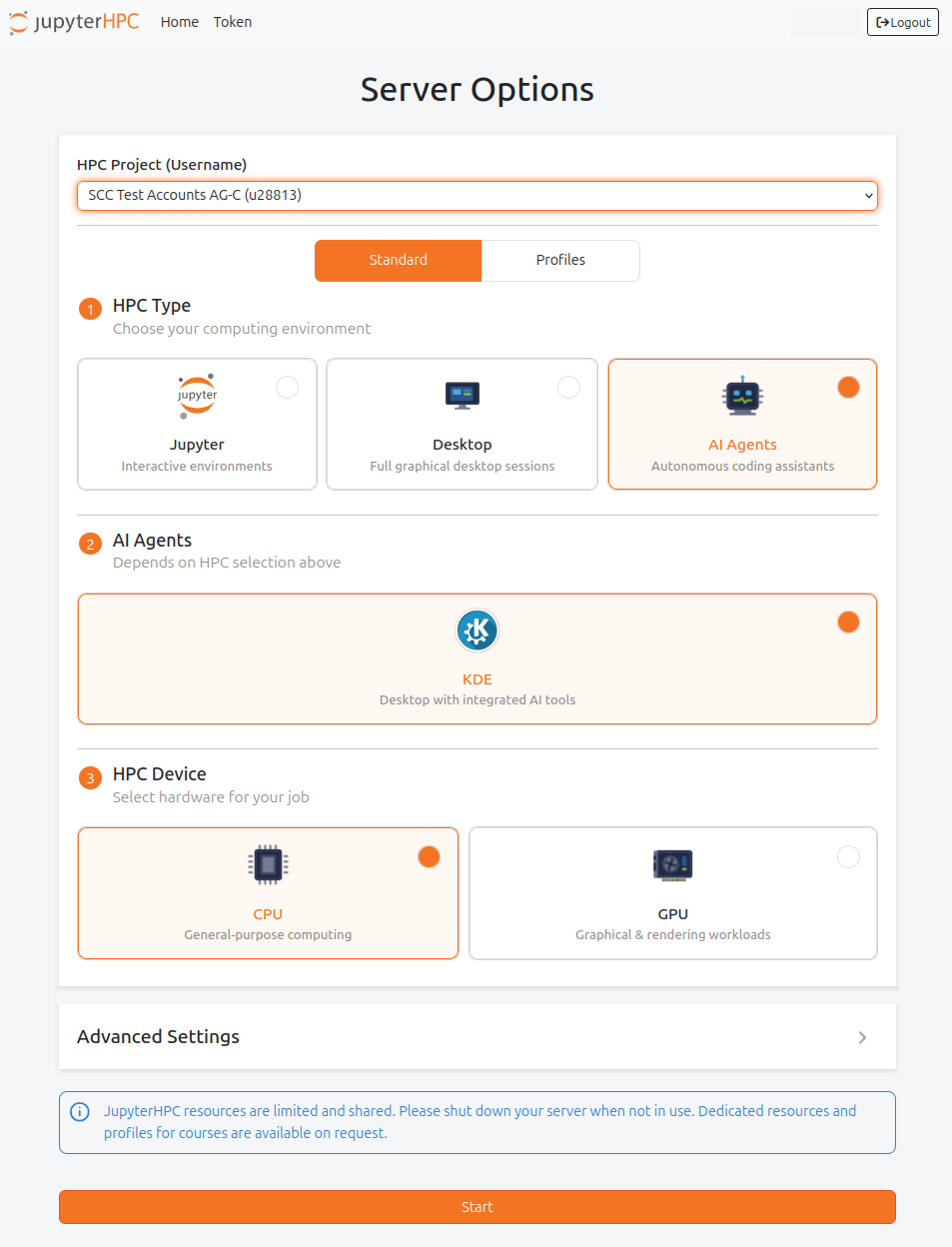 JupyterHPC Agentic AI Start Menu