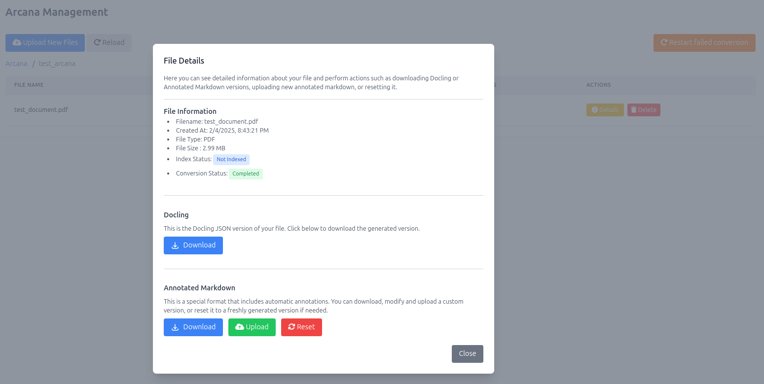 The Details window for a file is shown with all the file details as well as the option to download either the JSON format or the Markdown plus file. Additionally, there is an option to upload an updated Markdown Plus file.