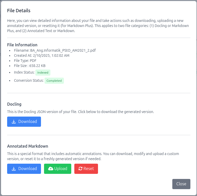 The file details dialog for a PDF file lists information about the file as well as the index and conversion status. Below is the option to download the JSON output of the Docling process. At the bottom is the option to download the annotated Markdown file, upload an updated file and an option to reset the annotated Markdown file.