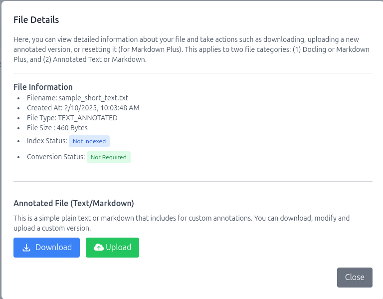 The file details dialog for a txt file lists information about he file as well as the index and conversion status. Below the information, there is the option to download the Text/Markdown file and to upload an updated file with annotations.