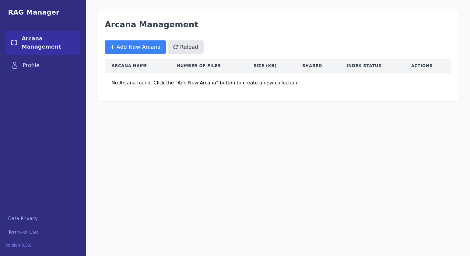 The Arcana manager dashboard has a main part and a sidebar. The sidebar contains the Arcana manager tab, a profile tab, and near the bottom a link to the Data privacy and terms of use. The main part contains a list of arcanas, which is currently empty. Two buttons are on top, one for adding a new arcana and on to reload.