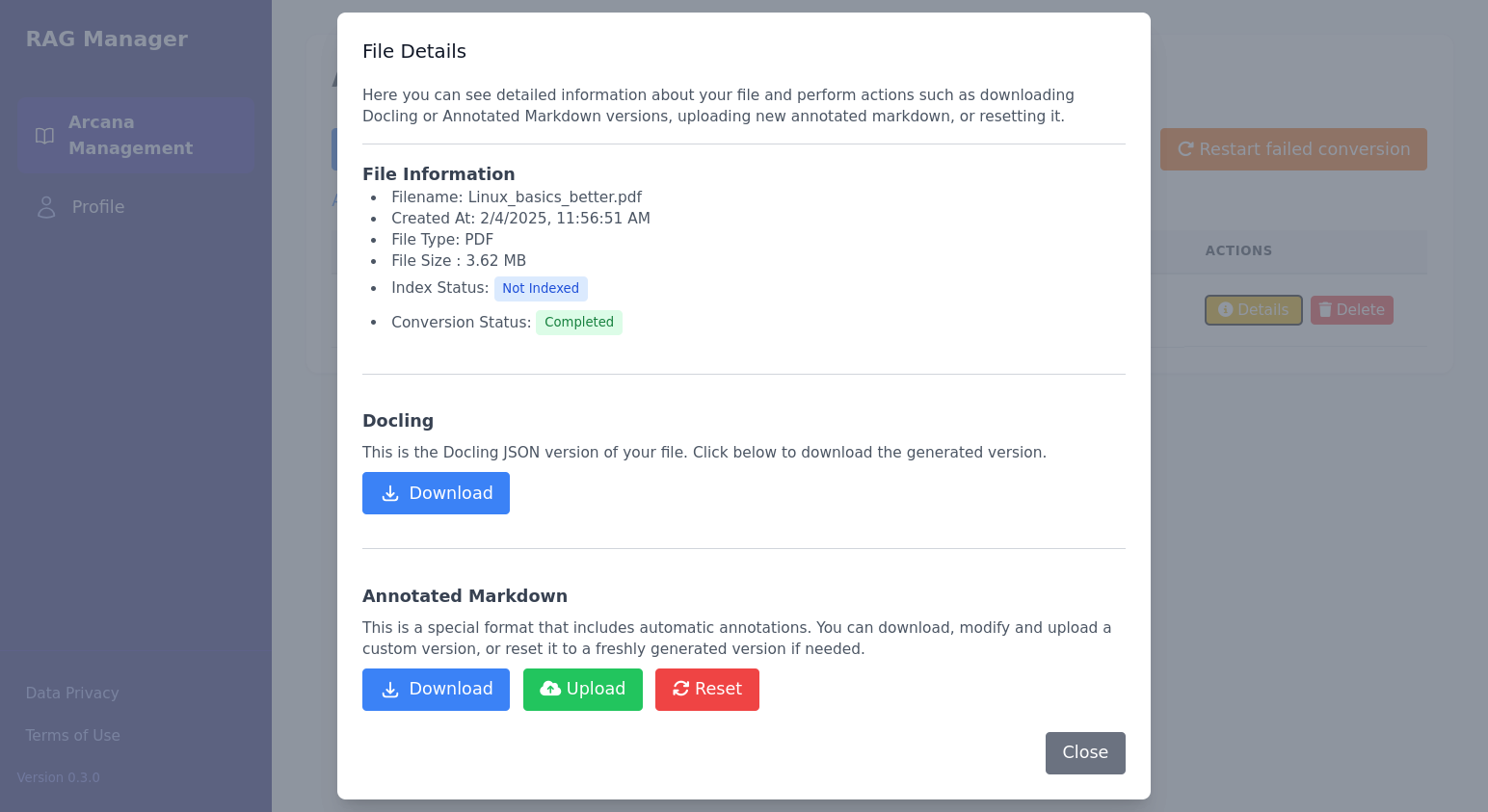 The details menu shows the file information as well as the status. Additionally, it gives the option to download the processed Markdown plus file as well as a JSON file. Also, a new Markdown plus file can be uploaded.