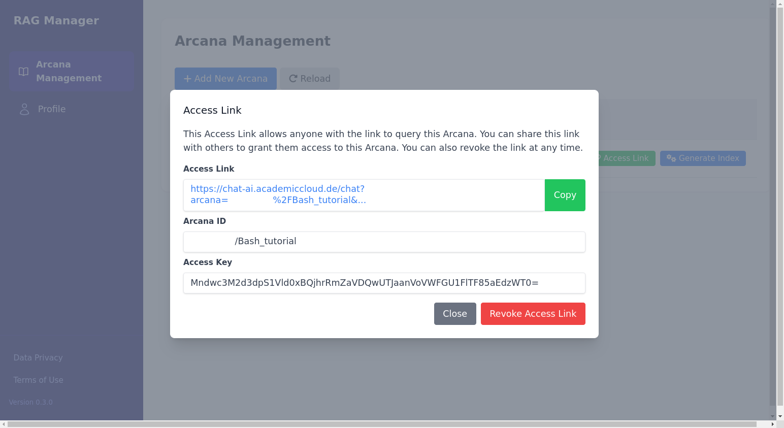 Once the access link is created it show the link, which can be copied, as well as the Arcana ID and the Access Key.