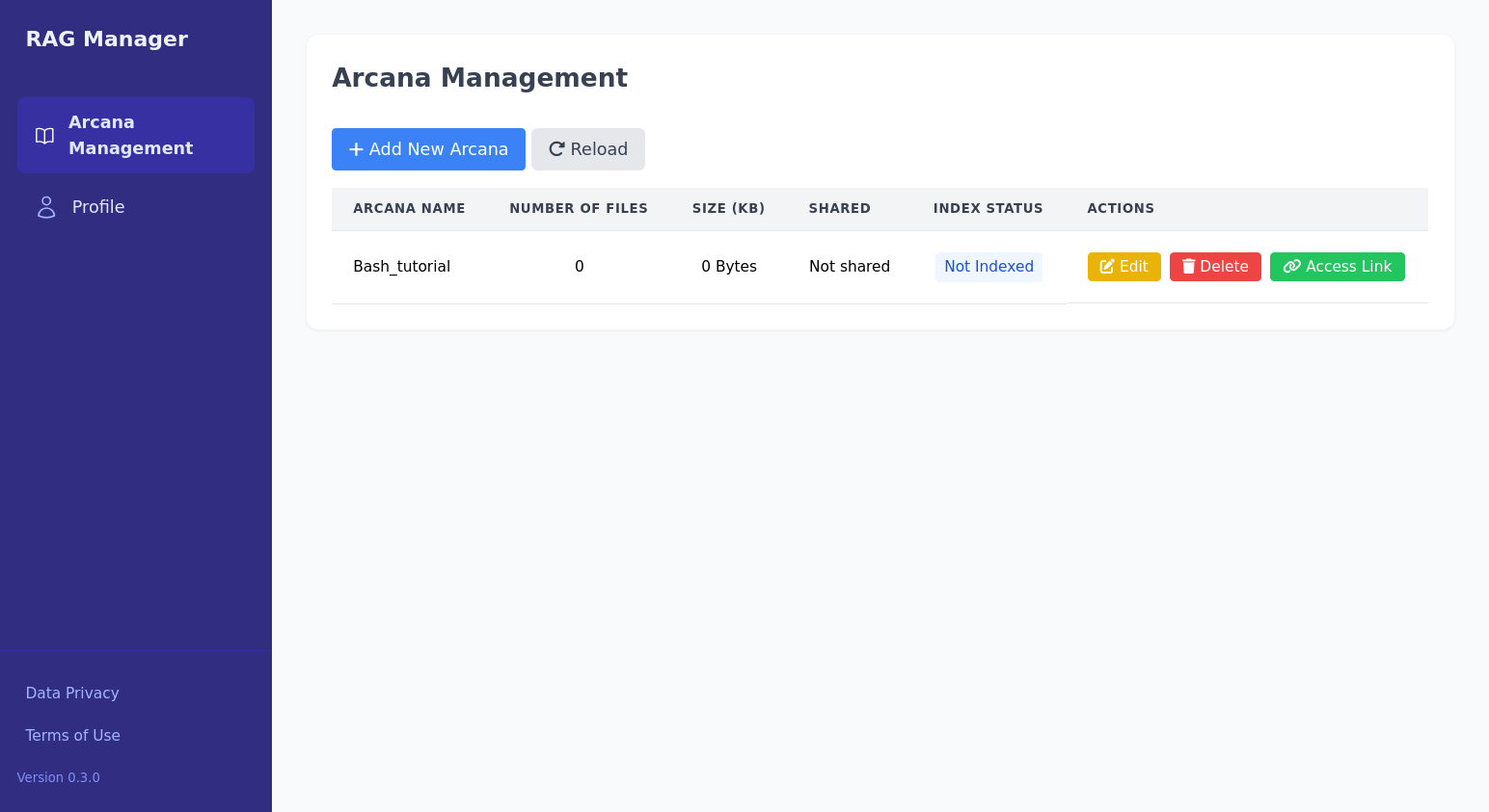 The Arcana manager now contains a new Arcana which is not indexed and has no files. The actions section contains a button for edit, delete, and access link.