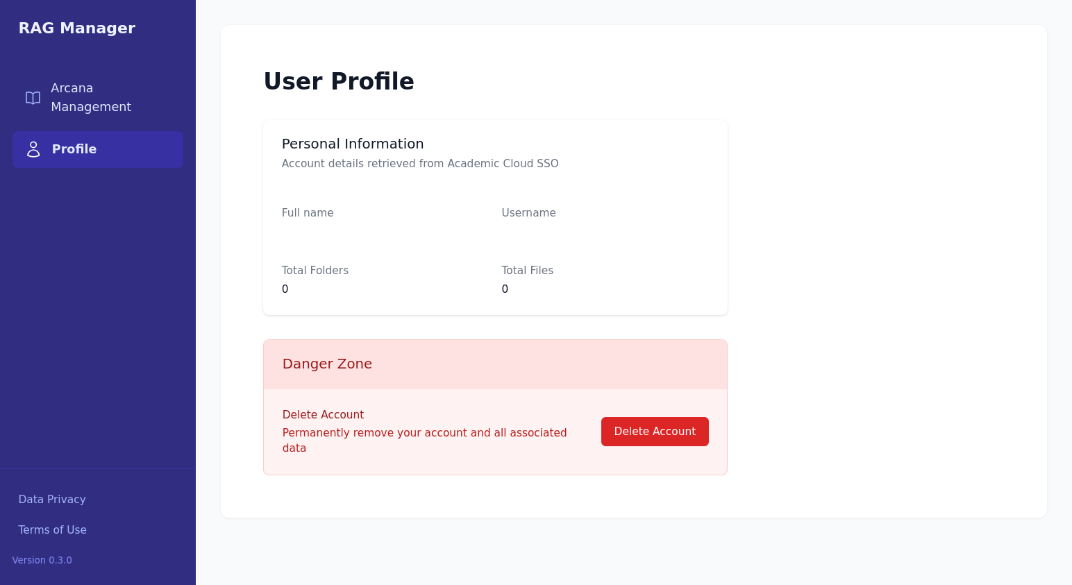 The user profile tab shows the account information and a red box that reads danger zone and contains a button to delete the account.