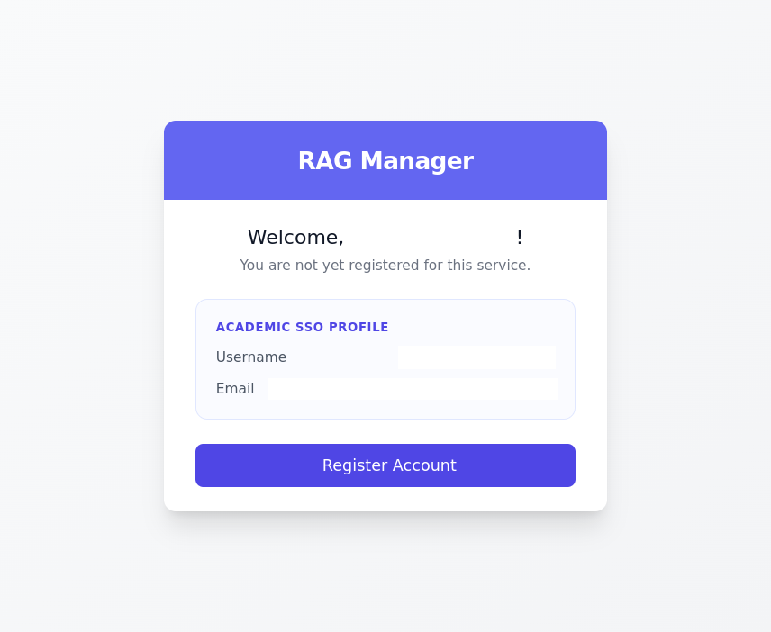 The register page of the RAG Manager welcomes the user, shows the Academiccloud profile and shows a button for registering to the service.